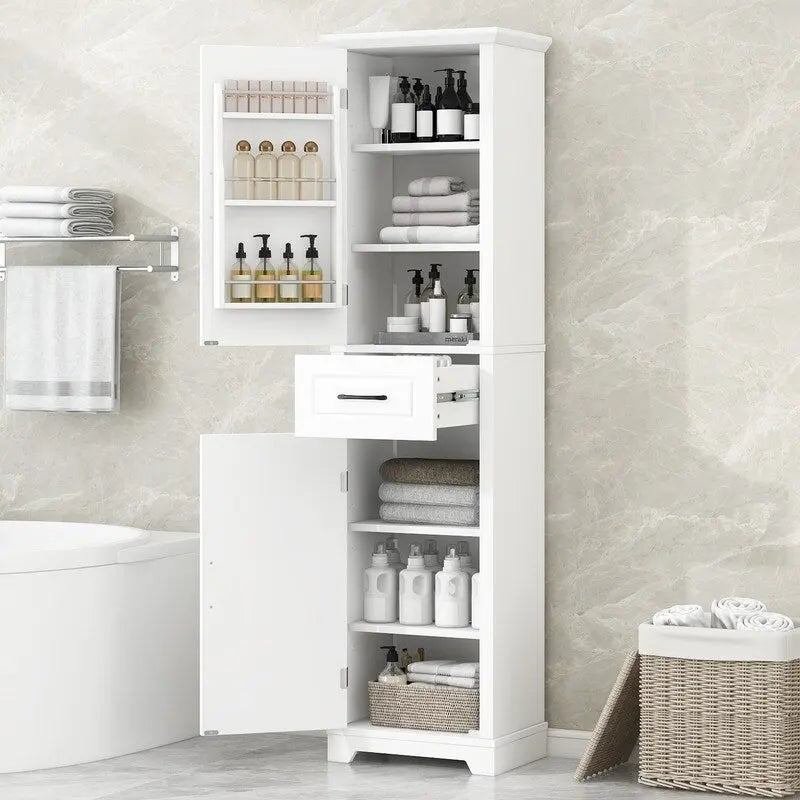 Tall Freestanding Bathroom Storage Cabinet with Two Doors and Adjustable Shelves