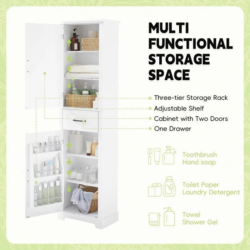 Tall Freestanding Bathroom Storage Cabinet with Two Doors and Adjustable Shelves