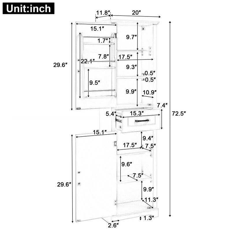 Tall Freestanding Bathroom Storage Cabinet with Two Doors and Adjustable Shelves