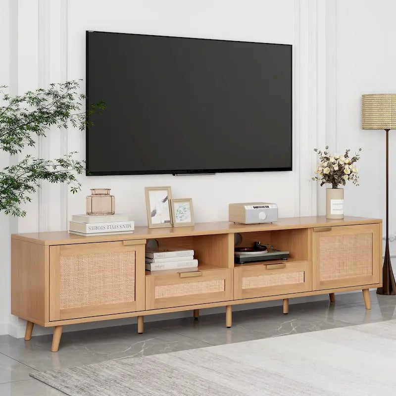 Rattan TV Stand for 85-Inch TV, Farmhouse Media Console with Solid Wood Legs