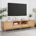 Rattan TV Stand for 85-Inch TV, Farmhouse Media Console with Solid Wood Legs