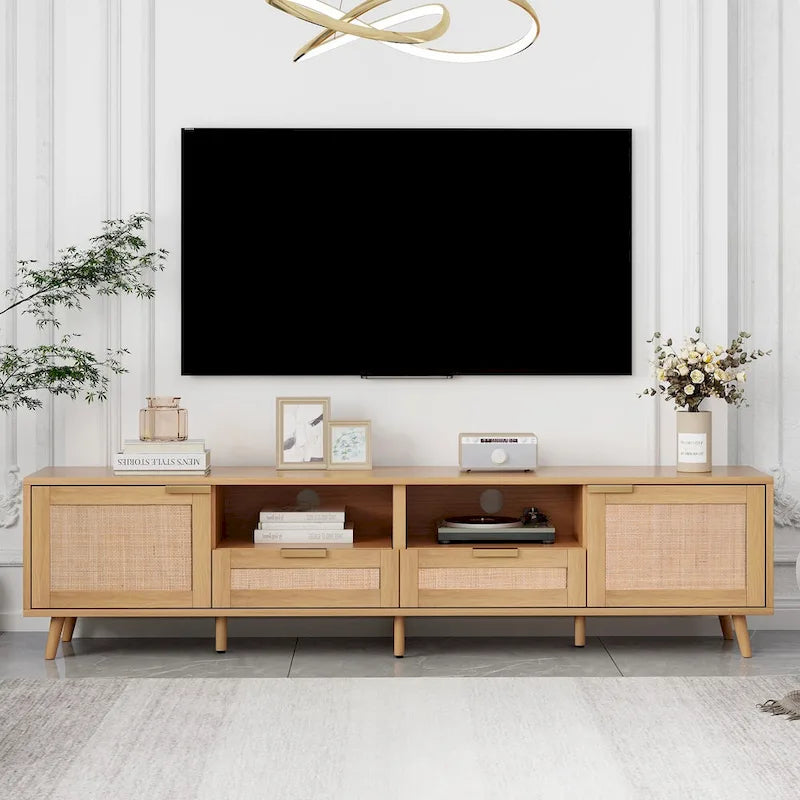 Rattan TV Stand for 85-Inch TV, Farmhouse Media Console with Solid Wood Legs
