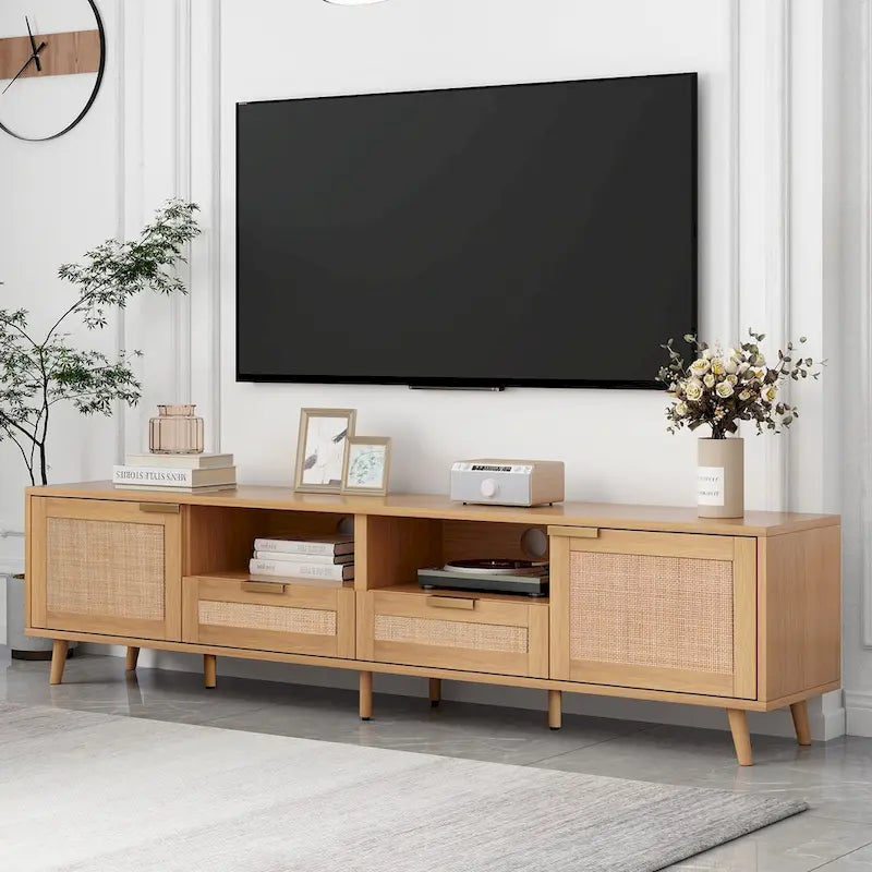 Rattan TV Stand for 85-Inch TV, Farmhouse Media Console with Solid Wood Legs