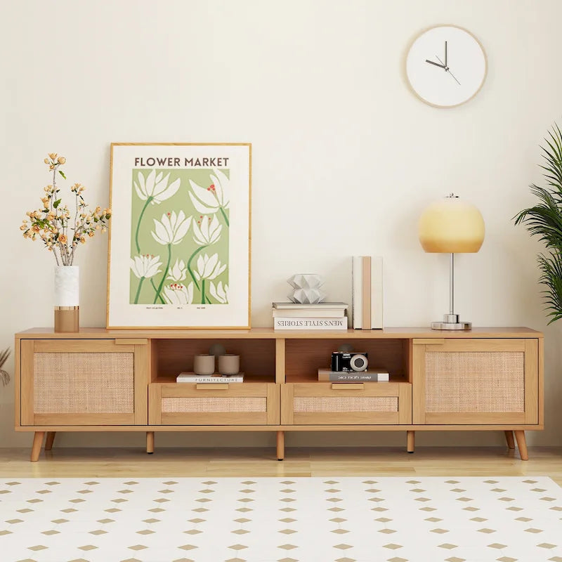 Rattan TV Stand for 85-Inch TV, Farmhouse Media Console with Solid Wood Legs