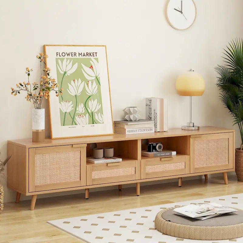 Rattan TV Stand for 85-Inch TV, Farmhouse Media Console with Solid Wood Legs