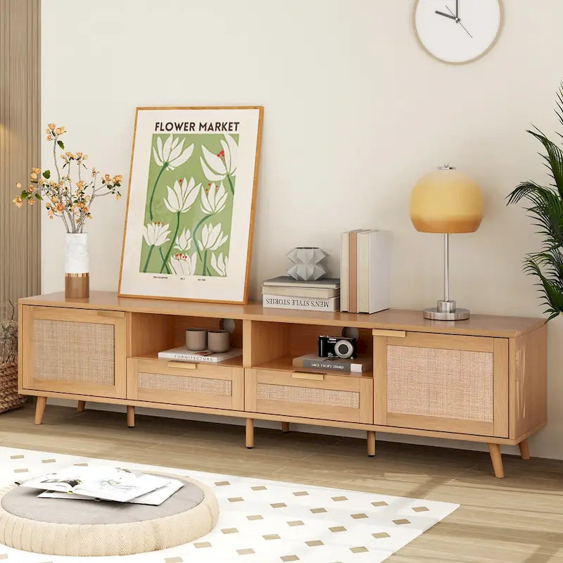 Rattan TV Stand for 85-Inch TV, Farmhouse Media Console with Solid Wood Legs