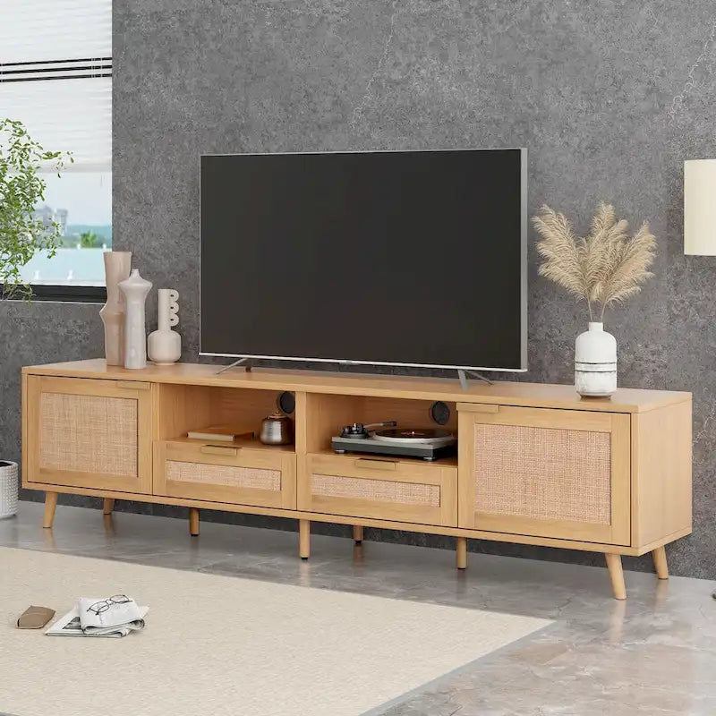 Rattan TV Stand for 85-Inch TV, Farmhouse Media Console with Solid Wood Legs