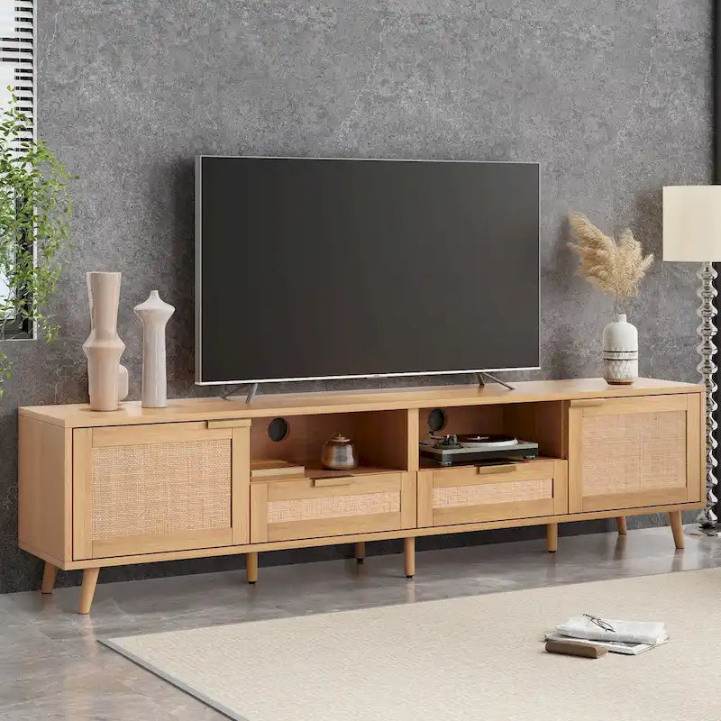 Rattan TV Stand for 85-Inch TV, Farmhouse Media Console with Solid Wood Legs