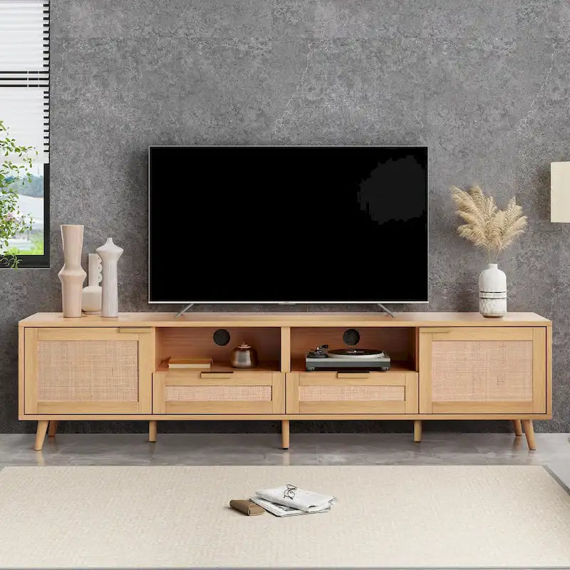 Rattan TV Stand for 85-Inch TV, Farmhouse Media Console with Solid Wood Legs