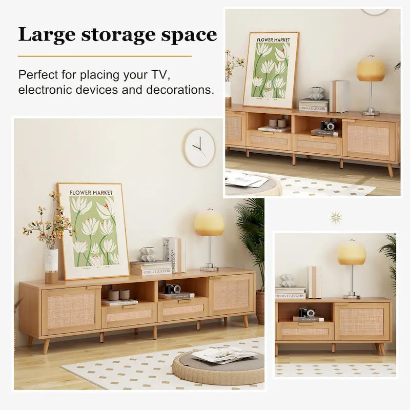 Rattan TV Stand for 85-Inch TV, Farmhouse Media Console with Solid Wood Legs