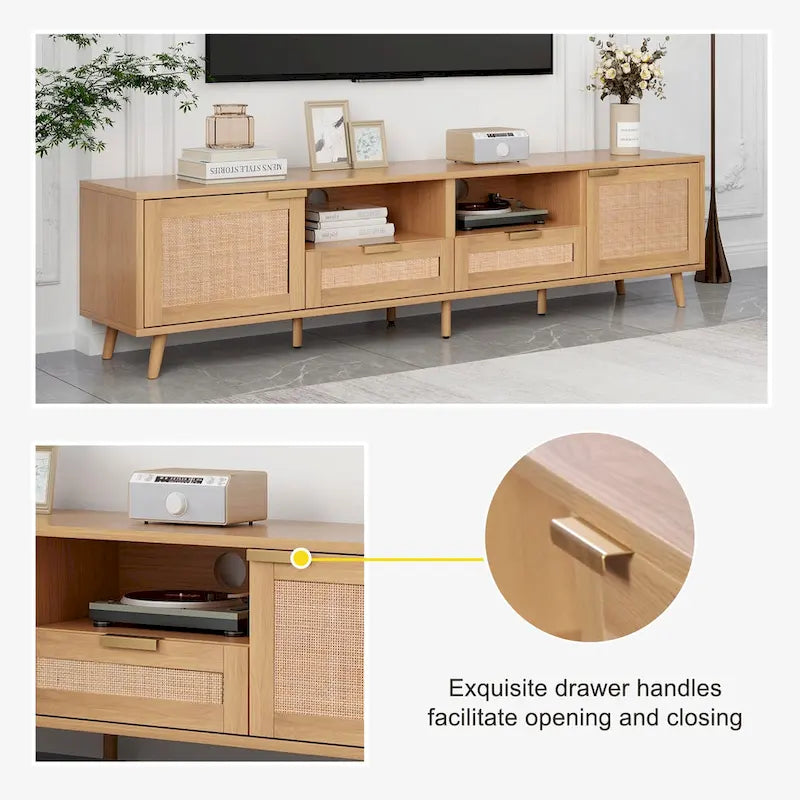 Rattan TV Stand for 85-Inch TV, Farmhouse Media Console with Solid Wood Legs