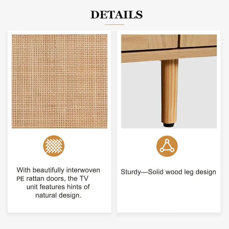 Rattan TV Stand for 85-Inch TV, Farmhouse Media Console with Solid Wood Legs