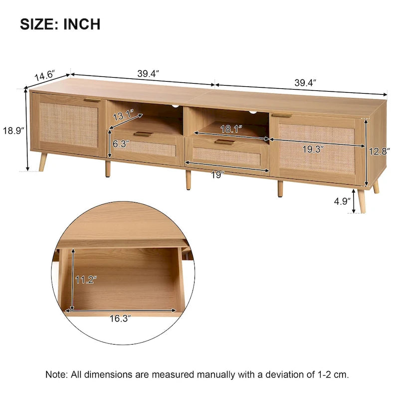 Rattan TV Stand for 85-Inch TV, Farmhouse Media Console with Solid Wood Legs