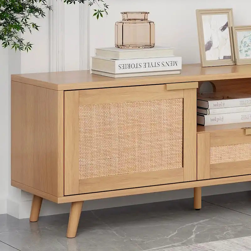 Rattan TV Stand for 85-Inch TV, Farmhouse Media Console with Solid Wood Legs