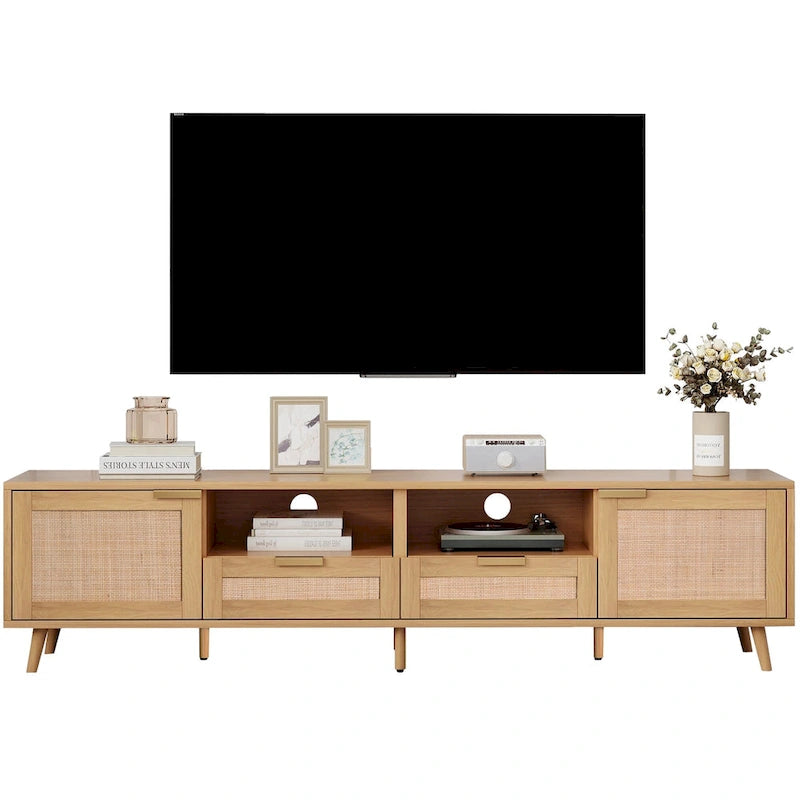 Rattan TV Stand for 85-Inch TV, Farmhouse Media Console with Solid Wood Legs