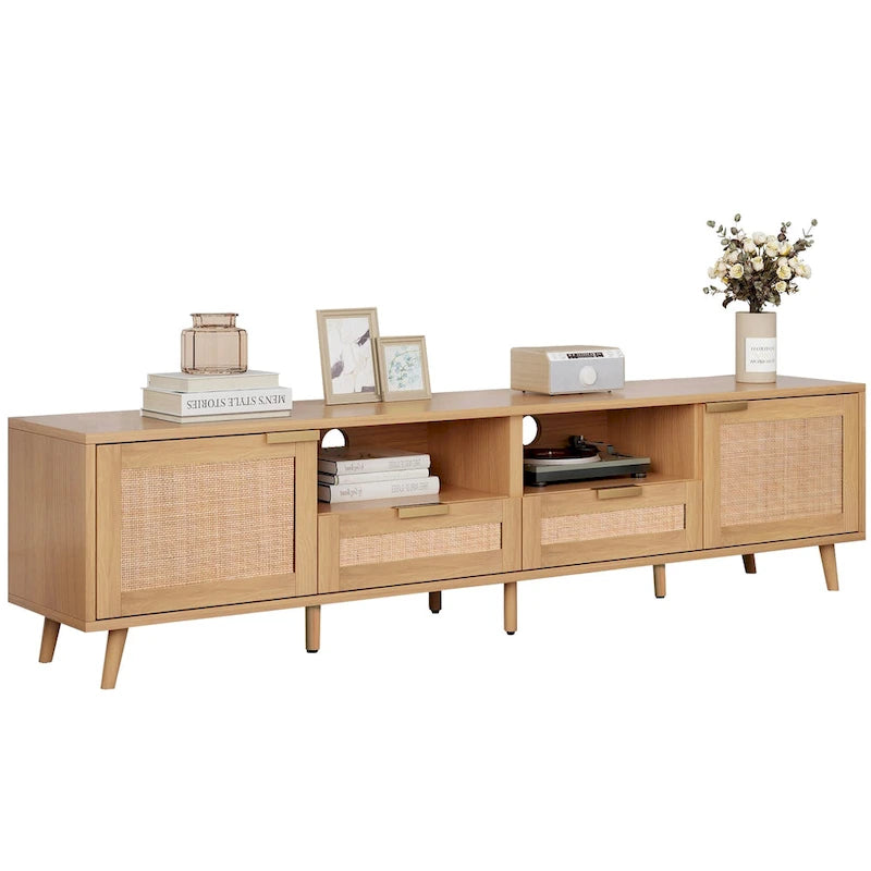 Rattan TV Stand for 85-Inch TV, Farmhouse Media Console with Solid Wood Legs
