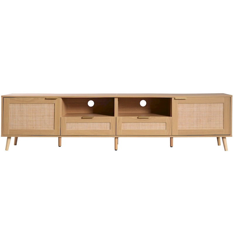 Rattan TV Stand for 85-Inch TV, Farmhouse Media Console with Solid Wood Legs