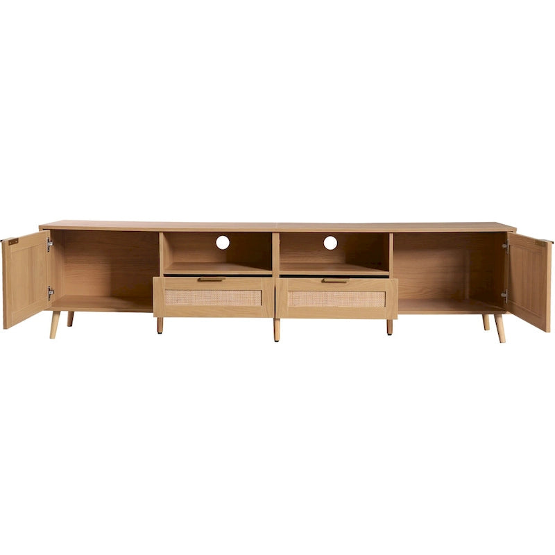 Rattan TV Stand for 85-Inch TV, Farmhouse Media Console with Solid Wood Legs