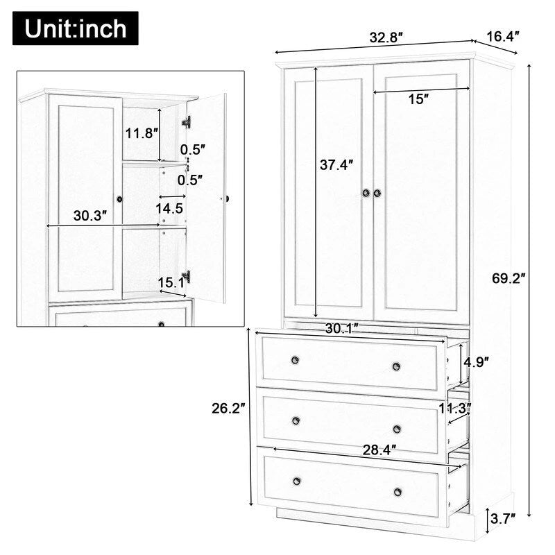 Freestanding Bathroom Cabinet with Doors & 3 Large Drawers, Adjustable Shelves
