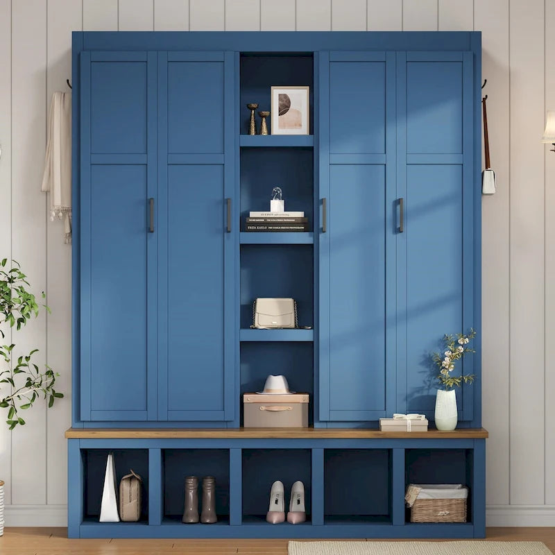 4-in-1 Hall Tree with 6 Hanging Hooks, Entryway Shoe Cabinet with Open Compartments, Wood Bench with Multiple Storage Space