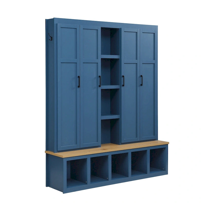 4-in-1 Hall Tree with 6 Hanging Hooks, Entryway Shoe Cabinet with Open Compartments, Wood Bench with Multiple Storage Space