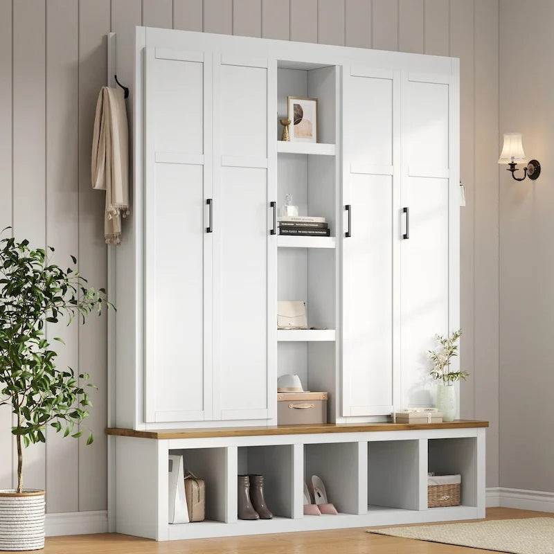 4-in-1 Hall Tree with 6 Hanging Hooks, Entryway Shoe Cabinet with Open Compartments, Wood Bench with Multiple Storage Space