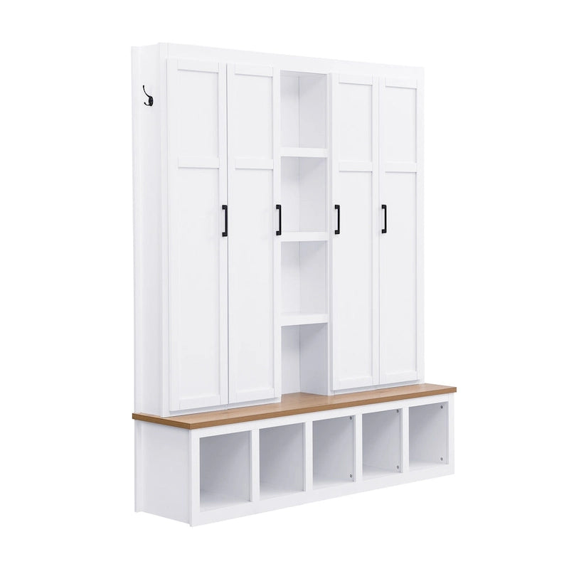 4-in-1 Hall Tree with 6 Hanging Hooks, Entryway Shoe Cabinet with Open Compartments, Wood Bench with Multiple Storage Space