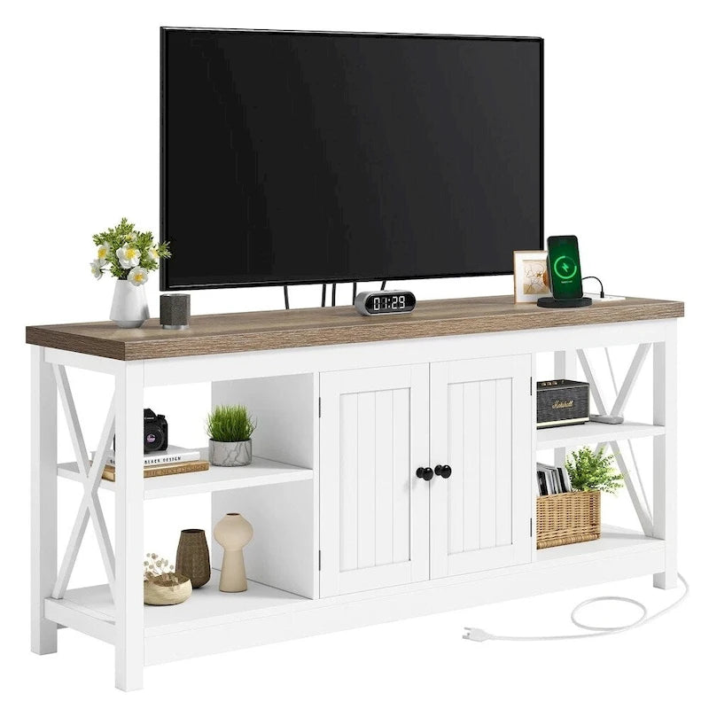 58-Inch TV Stand with Power Outlets - White & Beige