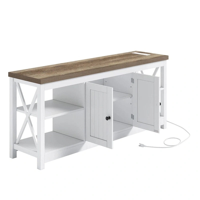58-Inch TV Stand with Power Outlets - White & Beige