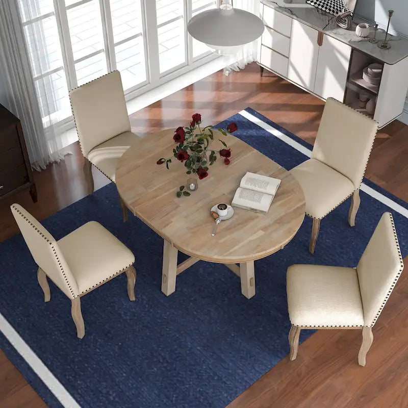5 Piece Dining Table Set, Wooden Round Kitchen Dining Table Set with Extendable Dining Table and 4 Upholstered Dining Chairs