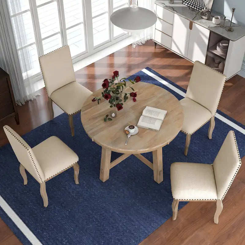 5 Piece Dining Table Set, Wooden Round Kitchen Dining Table Set with Extendable Dining Table and 4 Upholstered Dining Chairs