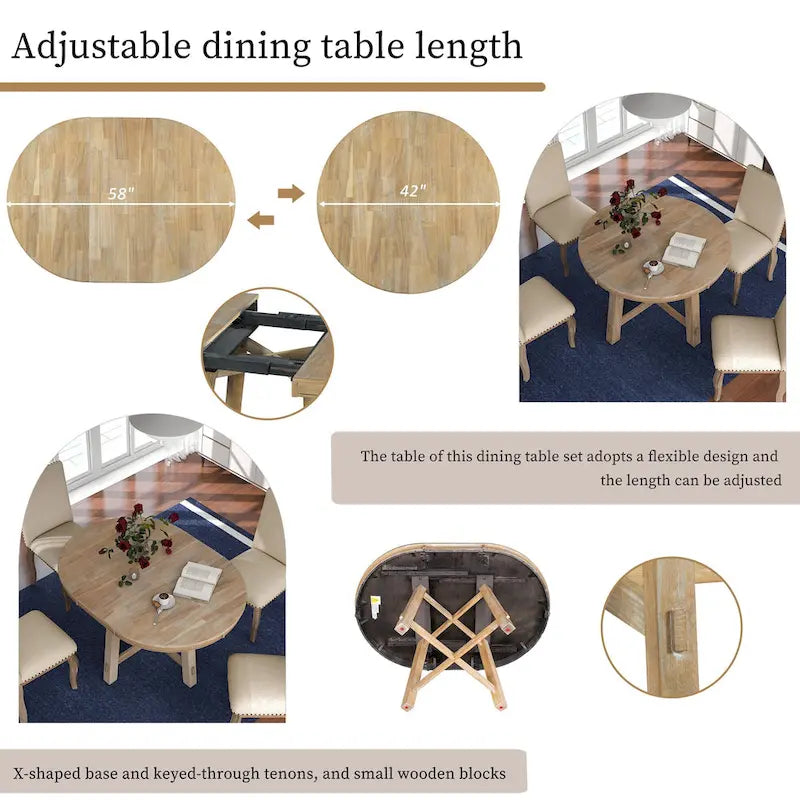 5 Piece Dining Table Set, Wooden Round Kitchen Dining Table Set with Extendable Dining Table and 4 Upholstered Dining Chairs