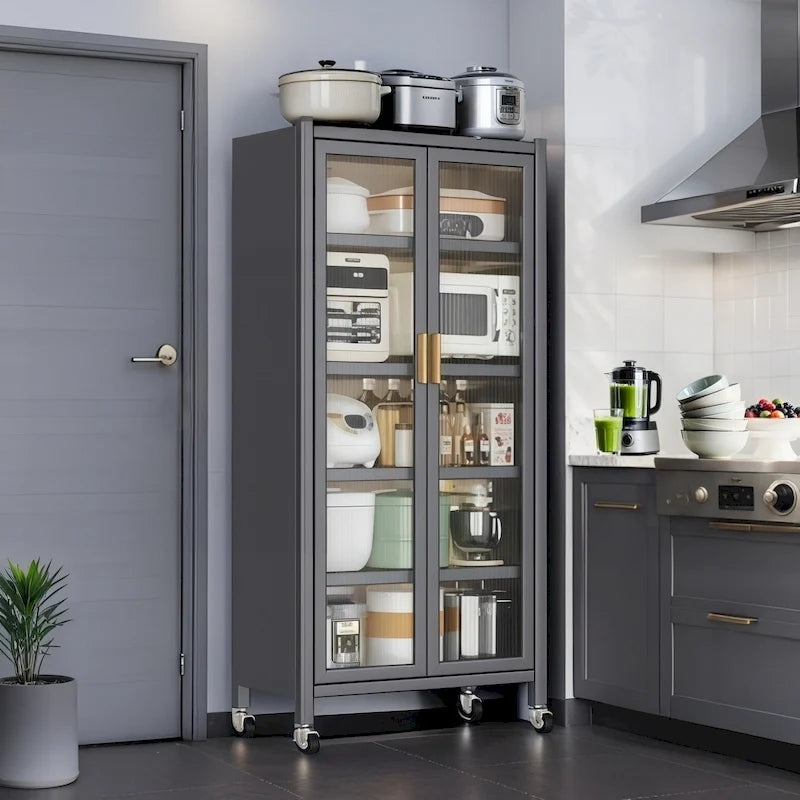 6-Tier Metal Kitchen Pantry Storage Cabinet with Transparent Door and Wheels