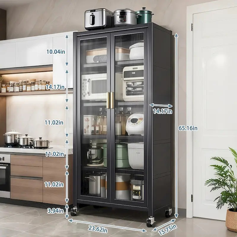 6-Tier Metal Kitchen Pantry Storage Cabinet with Transparent Door and Wheels