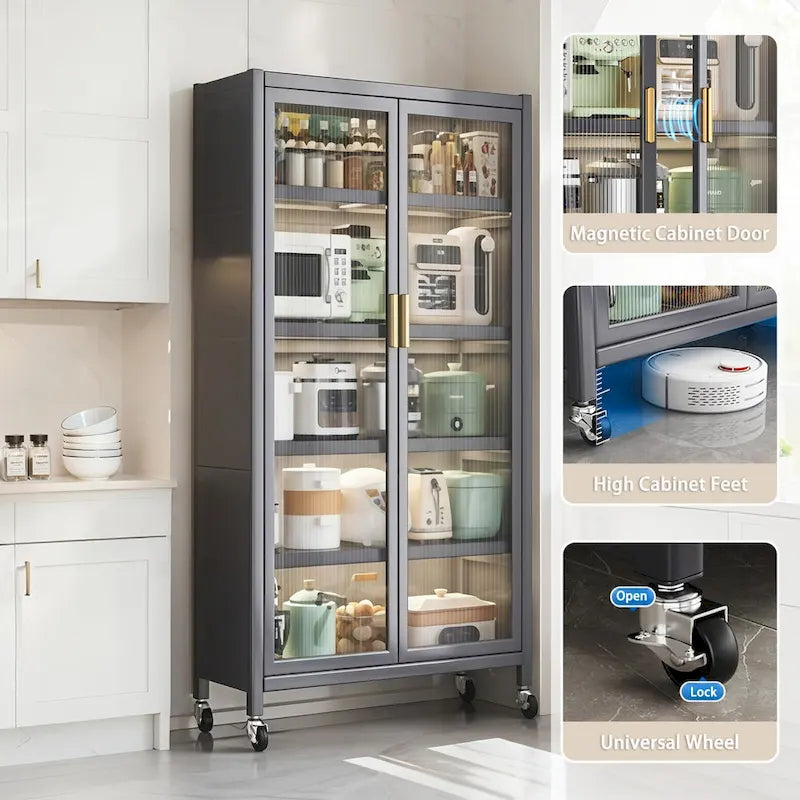 6-Tier Metal Kitchen Pantry Storage Cabinet with Transparent Door and Wheels