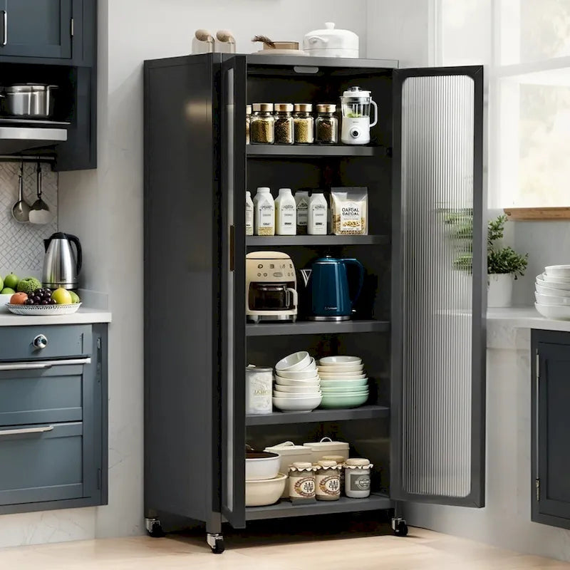 6-Tier Metal Kitchen Pantry Storage Cabinet with Transparent Door and Wheels