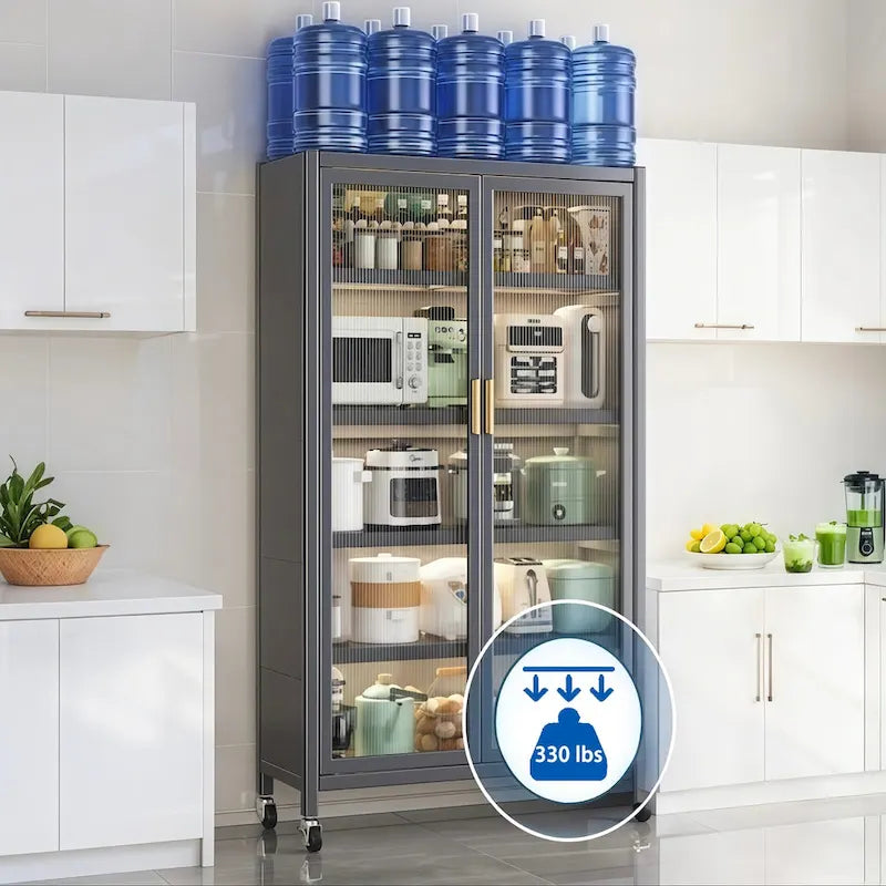 6-Tier Metal Kitchen Pantry Storage Cabinet with Transparent Door and Wheels