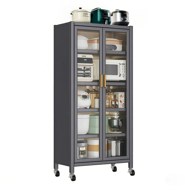 6-Tier Metal Kitchen Pantry Storage Cabinet with Transparent Door and Wheels
