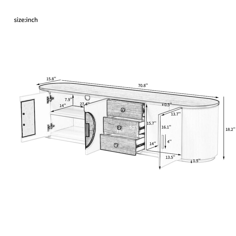 70.8 Modern Minimalist TV Stand for TVs up to 80 Inches, Entertainment Center with 3 Drawers and 1 Shelf Metal Handles