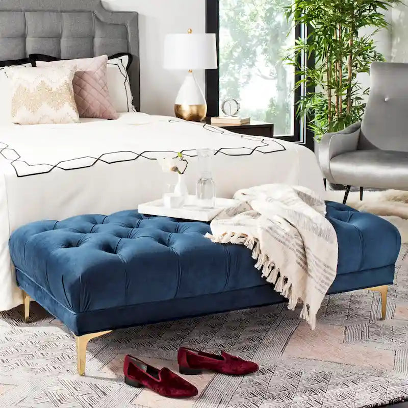 Navy & Brass Tufted Rectangular Bench - 54W x 27D x 16H