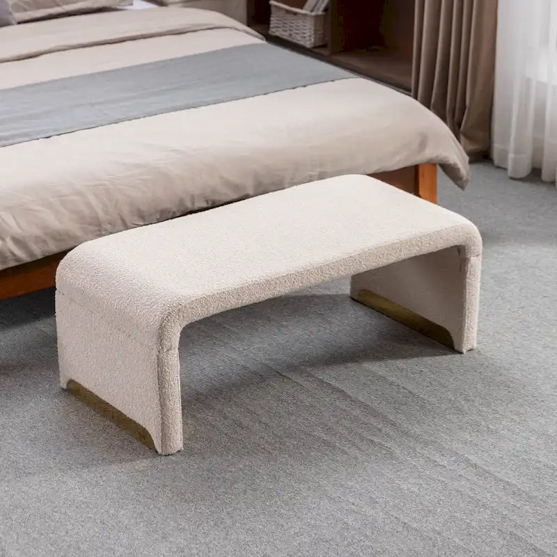 Boucle Fabric Loveseat Bench with Gold Metal Legs