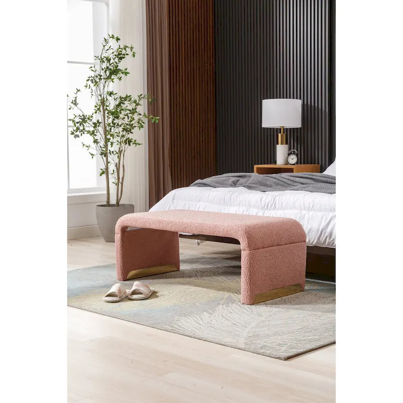 Boucle Fabric Loveseat Bench with Gold Metal Legs