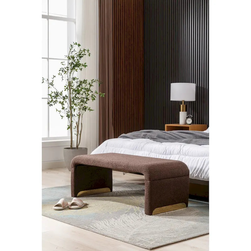 Boucle Fabric Loveseat Bench with Gold Metal Legs