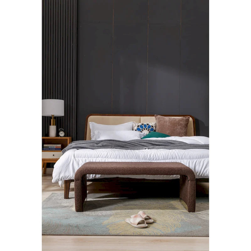 Boucle Fabric Loveseat Bench with Gold Metal Legs