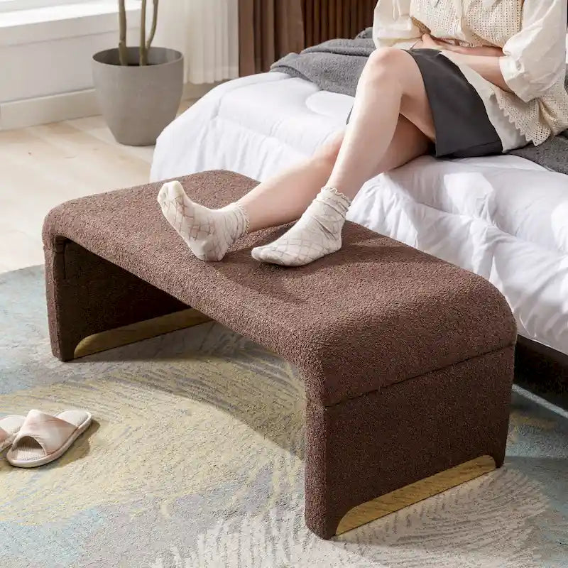 Boucle Fabric Loveseat Bench with Gold Metal Legs