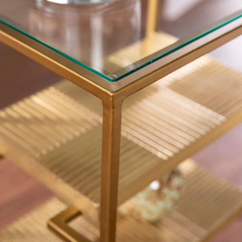 Glass-Top Side Table with Shelving, Brass