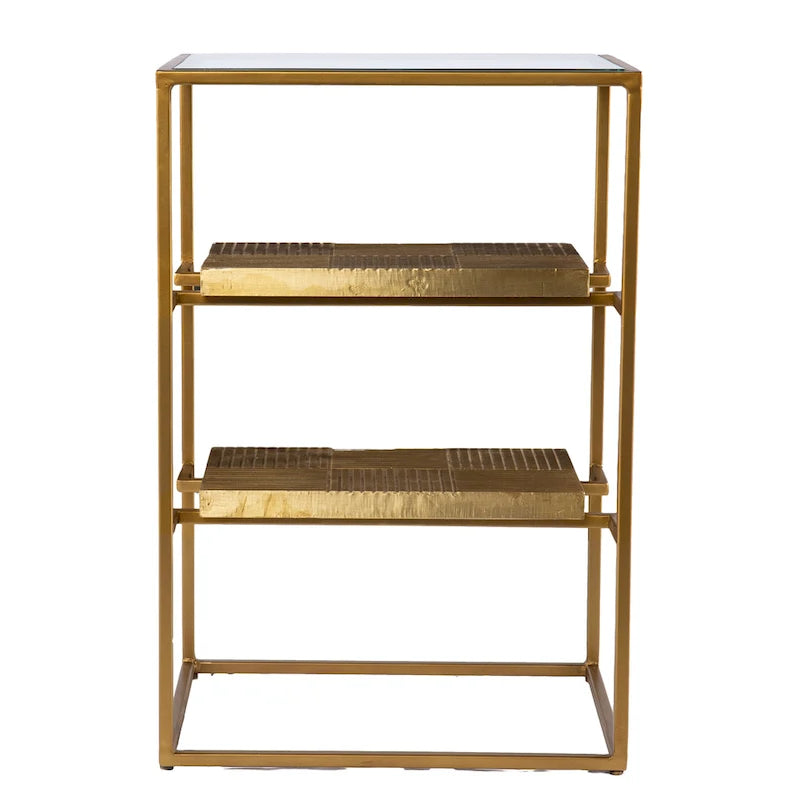 Glass-Top Side Table with Shelving, Brass