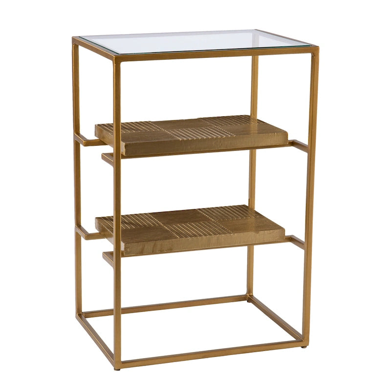 Glass-Top Side Table with Shelving, Brass