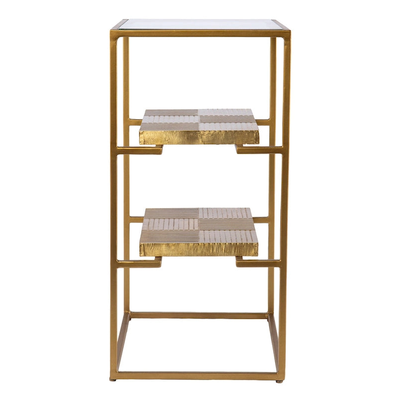 Glass-Top Side Table with Shelving, Brass