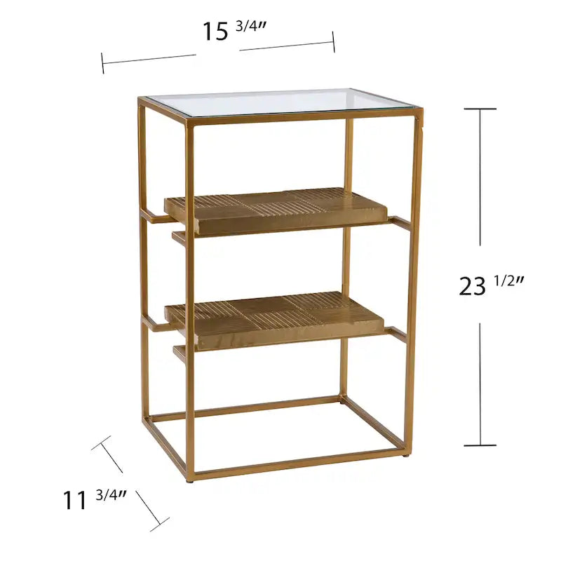 Glass-Top Side Table with Shelving, Brass
